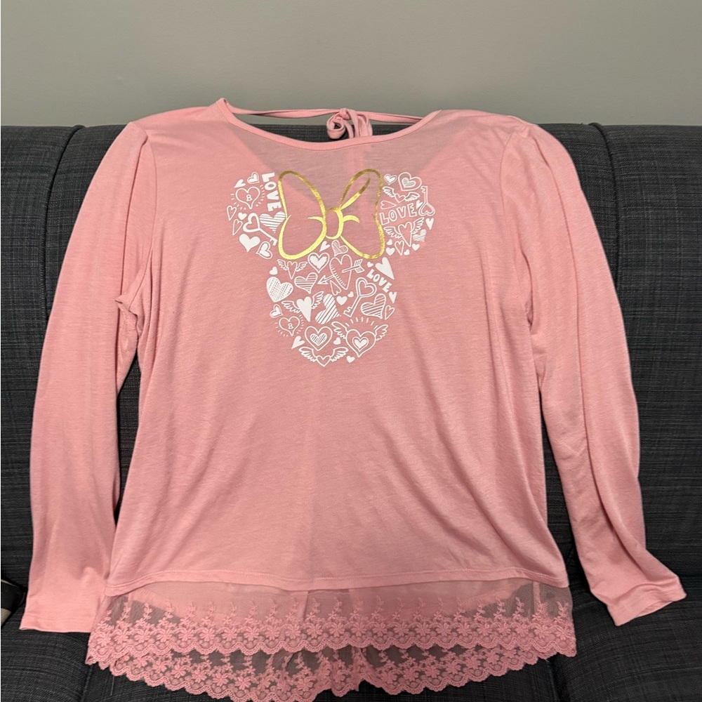 Disney Pink Long Sleeve Tee with Minnie Mouse Heart and Bow